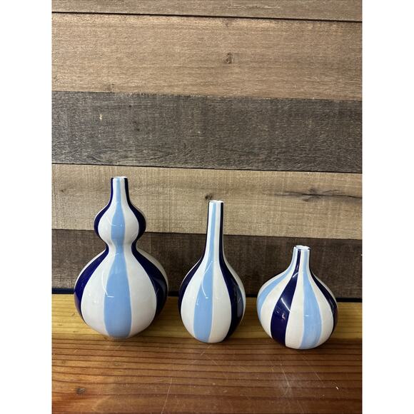 Jonathan Adler Happy Home Stripes Shapely Vase Set of 3 White Blue - Picture 1 of 5